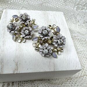 Vintage Floral Clip-On Earrings With Rhinestones & Enamel Accents
